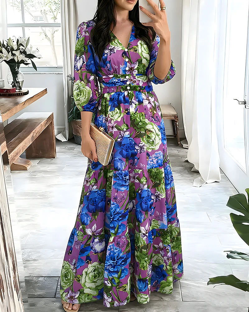 Abito da cerimonia donna primaverile/estivo, con volant delicati e maniche 3/4 eleganti.