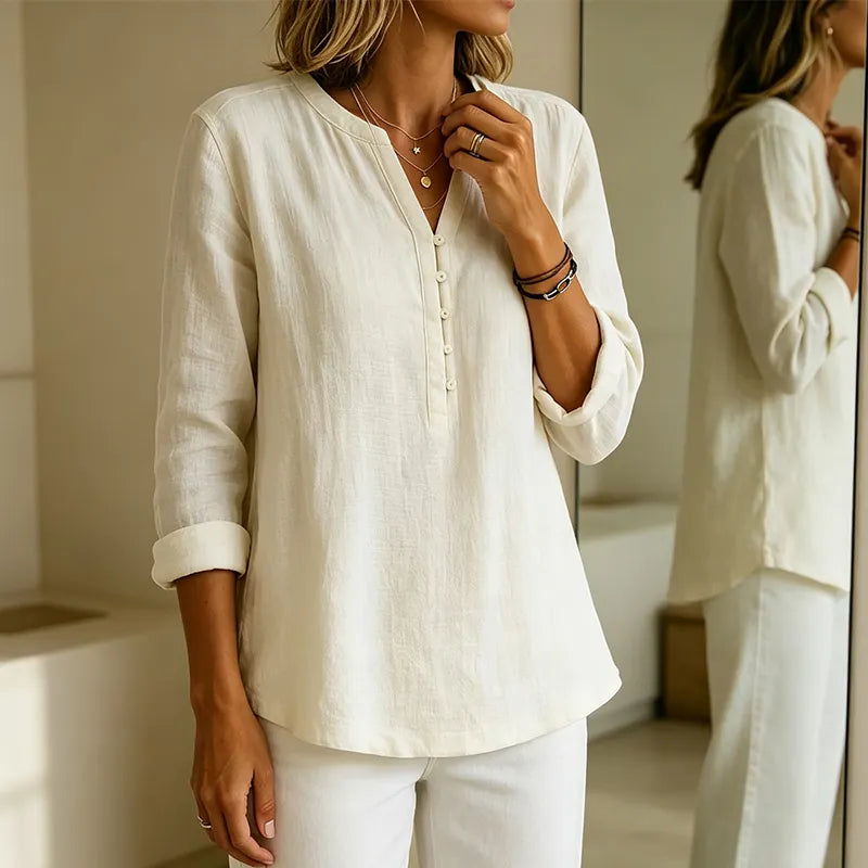 Camicia ampia donna con collo a V, confortevole per primavera, estate e autunno.