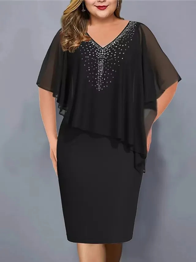 Vestito da sera midi per donna, perfetto per cerimonie, cocktail e feste speciali, con dettagli strass e mantella.