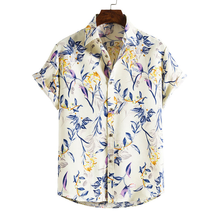 Camicia casual uomo estiva a maniche corte, slim fit, con stampa floreale e colletto a revers, per vacanze.