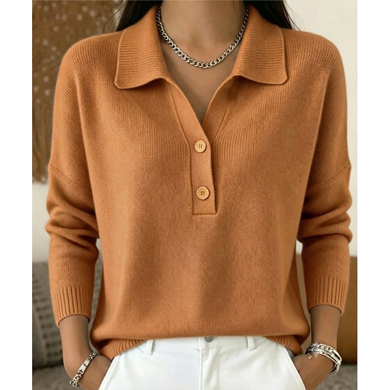 Maglione donna con collo polo abbottonato, vestibilità comoda. Maglia calda e casual per l'inverno, look versatile.