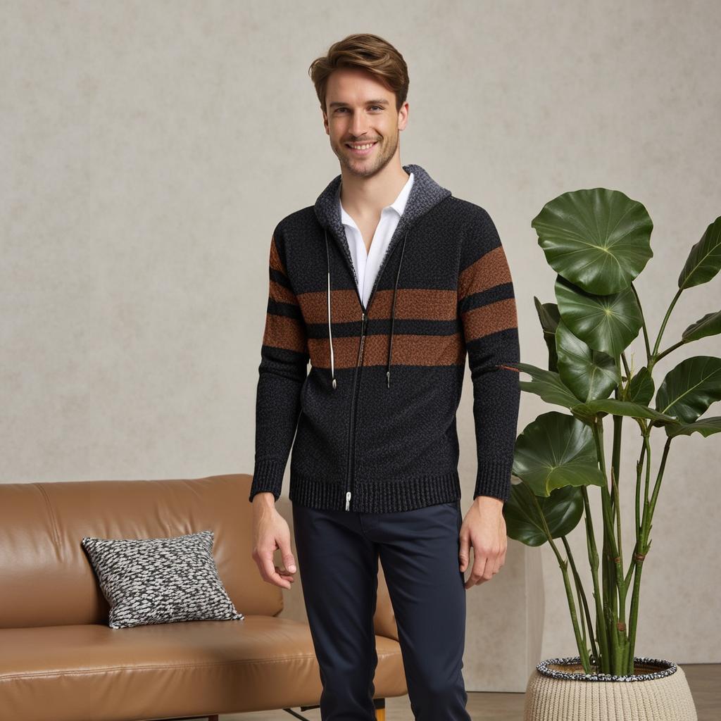 Giacca uomo vintage a righe con cappuccio, stile casual. Ideale primavera/autunno.