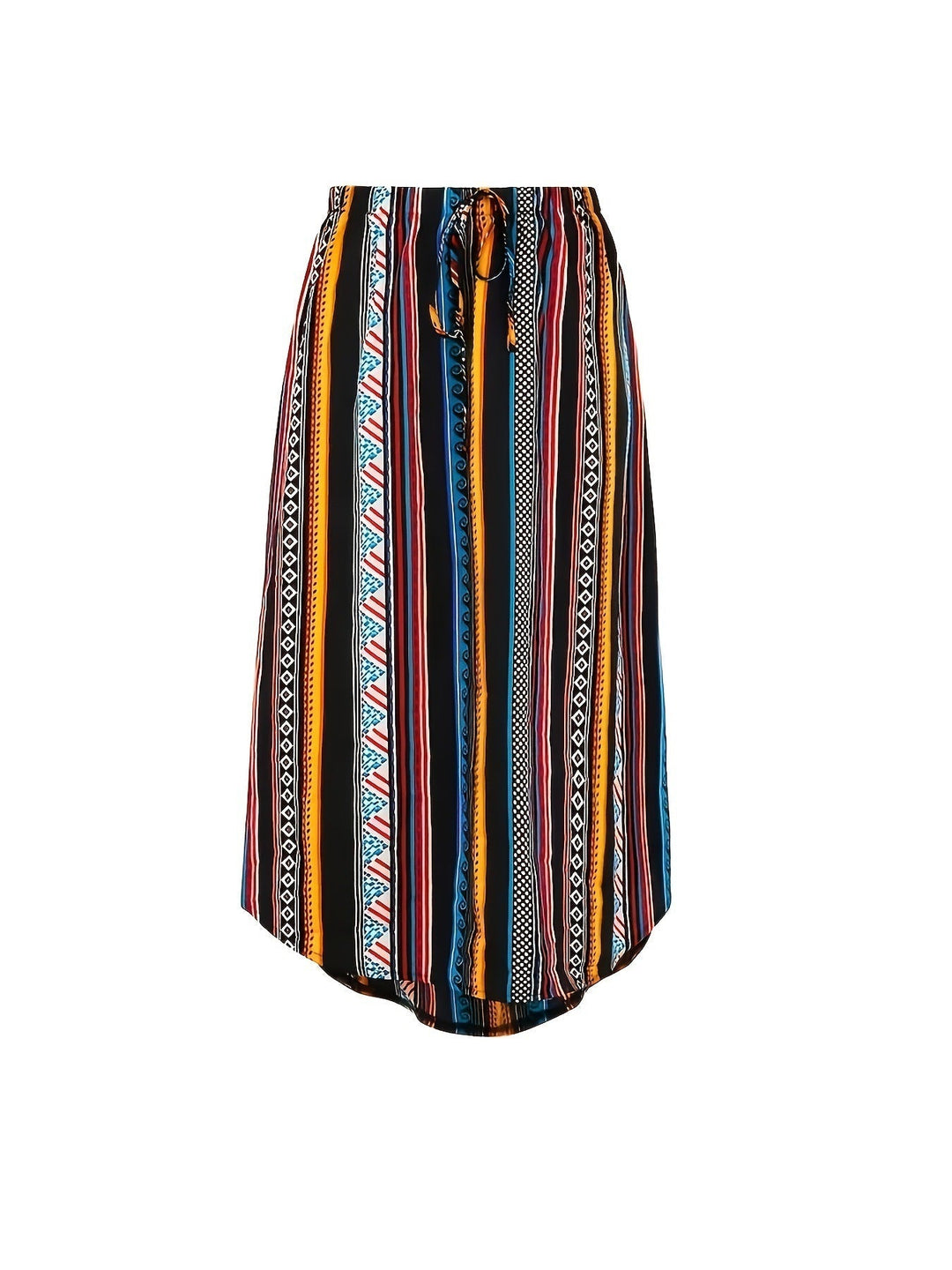 Dettaglio gonna midi donna asimmetrica con fantasia geometrica dinamica, un capo moda moderno e accattivante.