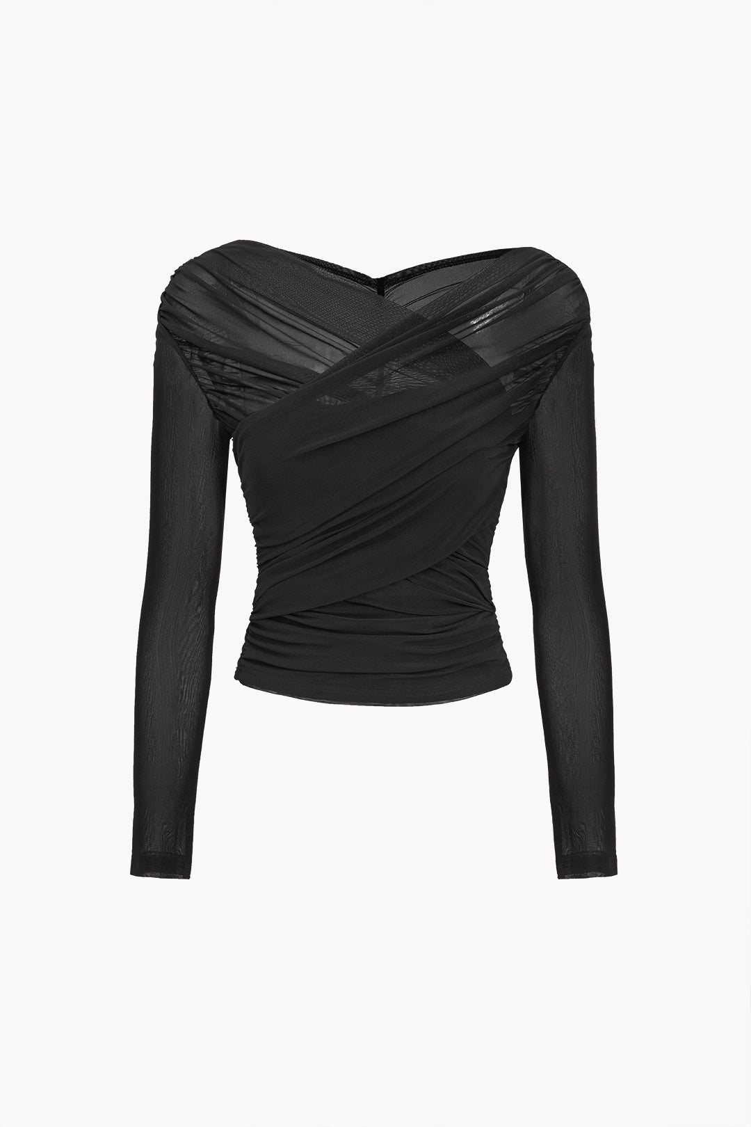 Elegante blusa donna a maniche lunghe con scollo a V. Top drappeggiato versatile per abbigliamento chic e casual.
