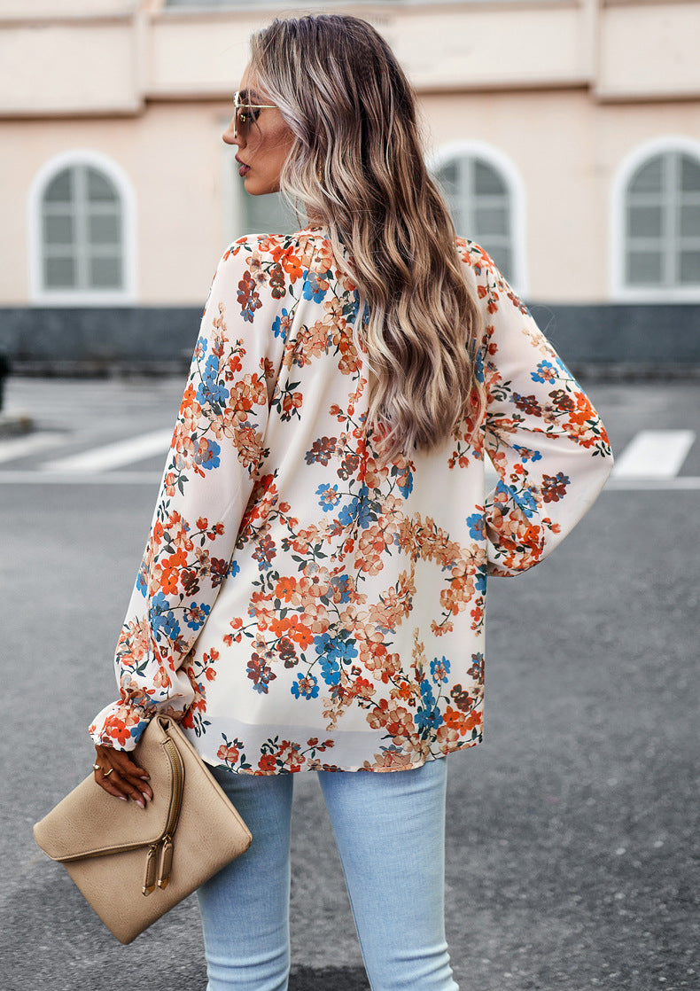 Blusa donna casual floreale autunnale, maniche lunghe, scollo a V. Perfetta per la primavera e l'autunno.