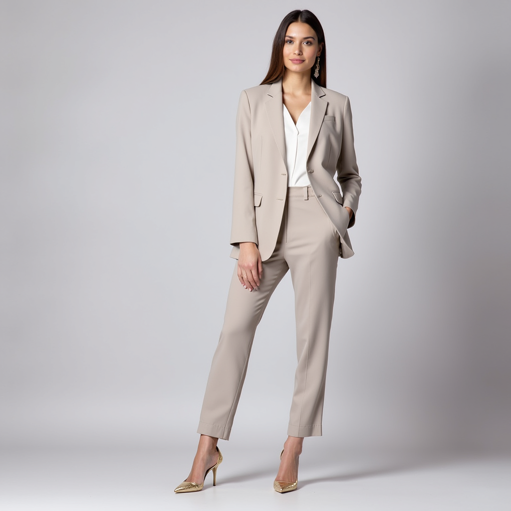Completo blazer e pantaloni sartoriali da donna aderente, perfetto per outfit professionale ed elegante.
