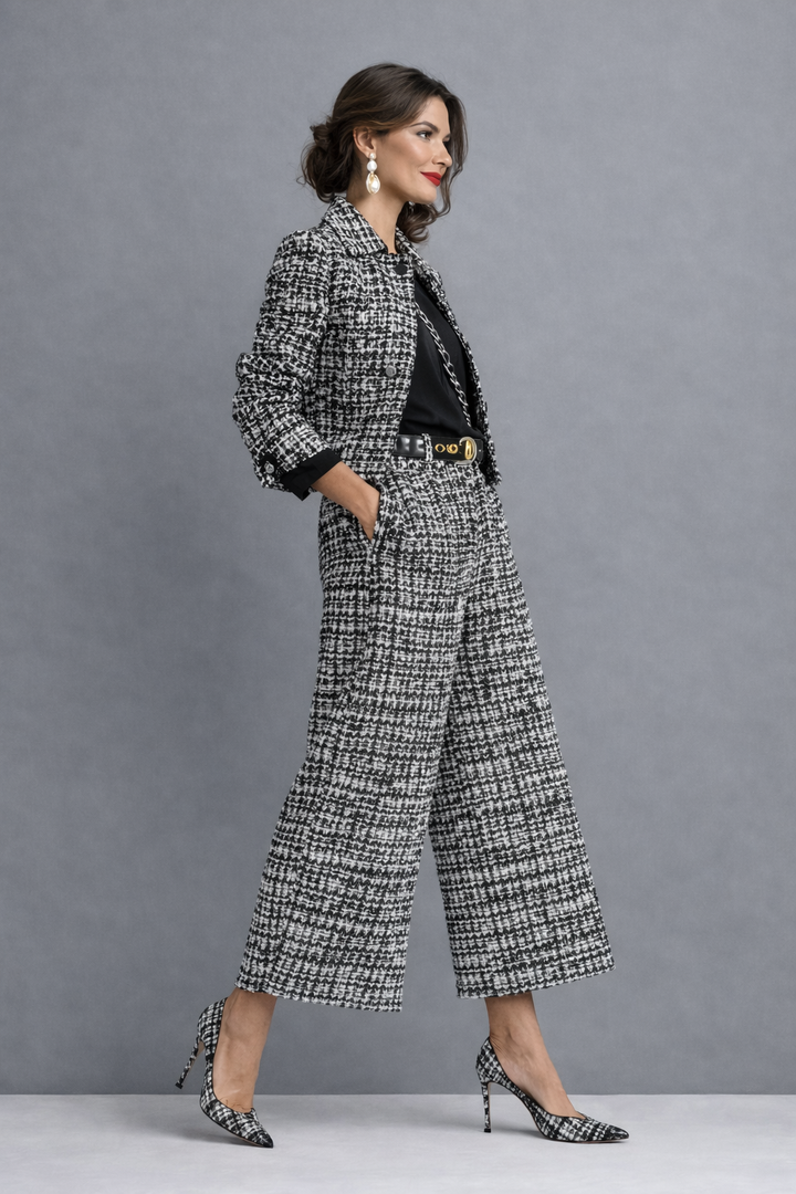 Completo donna in tweed testurizzato: giacca corta e pantaloni larghi. Abbigliamento ufficio sofisticato e confortevole.