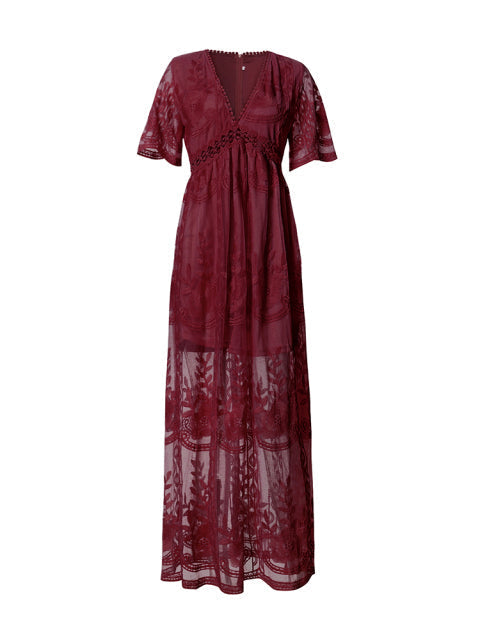 Abito lungo boho chic da donna con scollo a V e maniche corte. Perfetto per un look casual elegante e fluttuante.