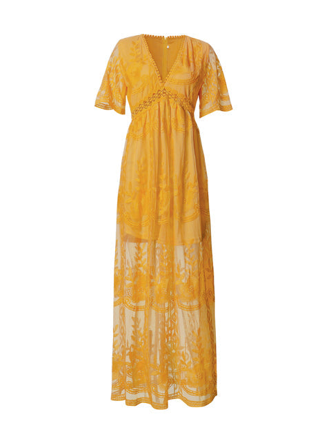 Abito maxi donna elegante con scollo a V, maniche corte. Stile boho chic versatile per ogni occasione estiva.