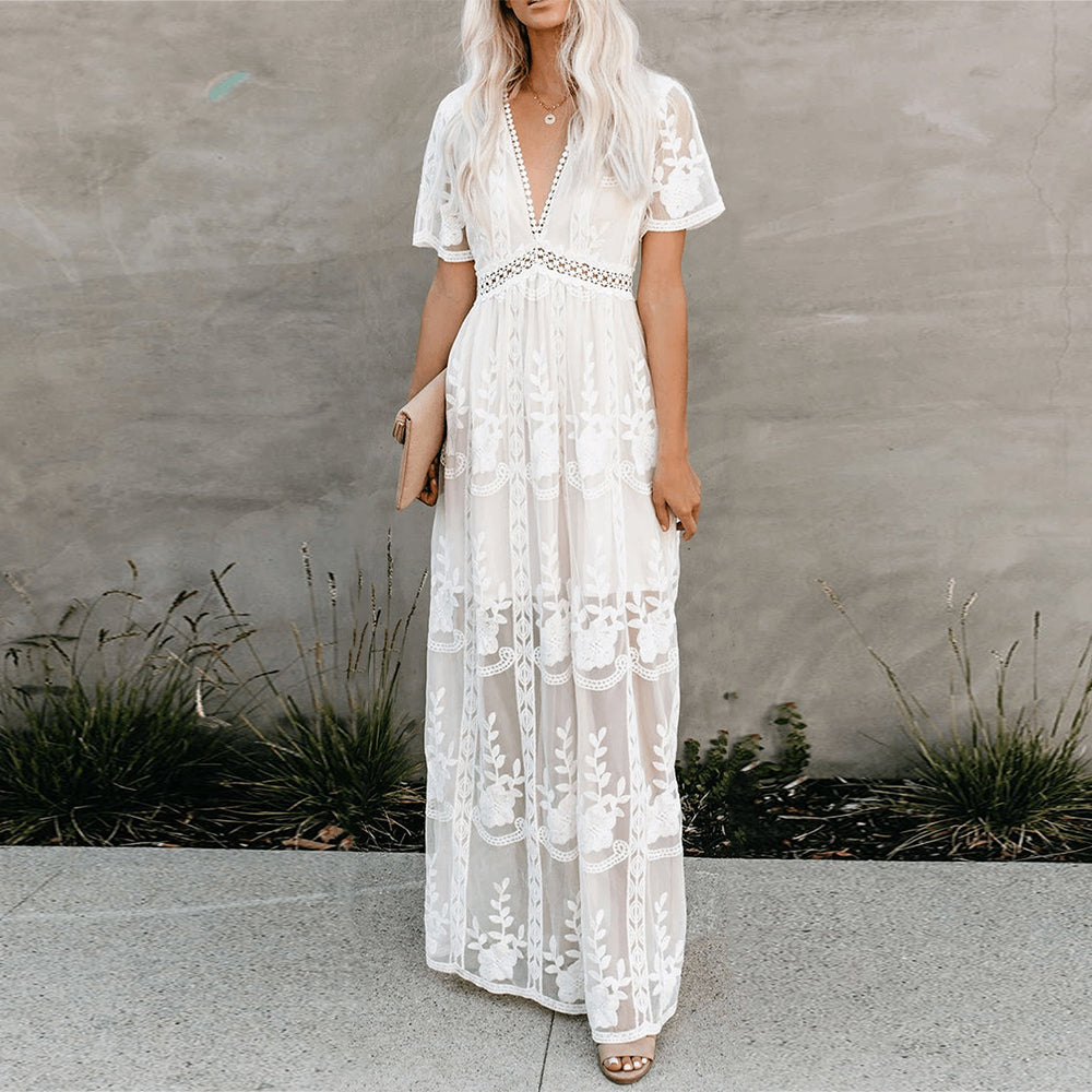 Abito maxi donna elegante casual con scollo a V e maniche corte. Perfetto per la primavera estate.
