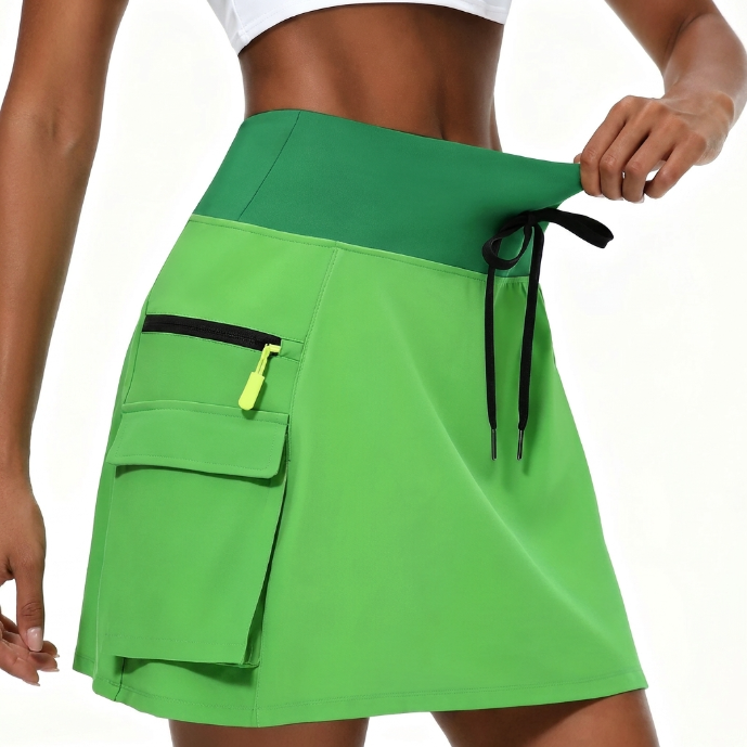 Gonna versatile donna per primavera estate, con shorts interno, vita alta e tasca zip. Ottima per fitness e relax.