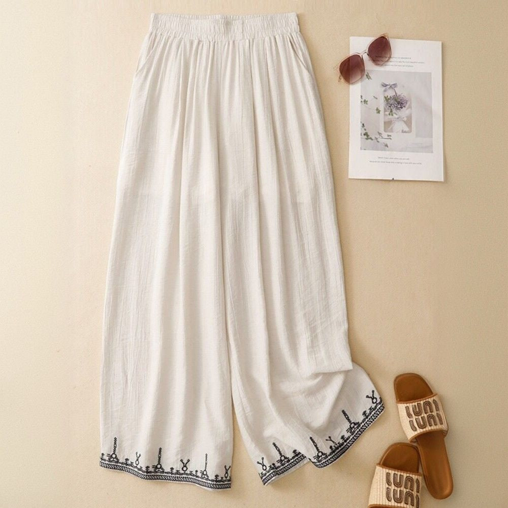 Pantaloni corti donna vita alta in lino con pizzo ricamato retrò, perfetti per l'estate casual e viaggio.