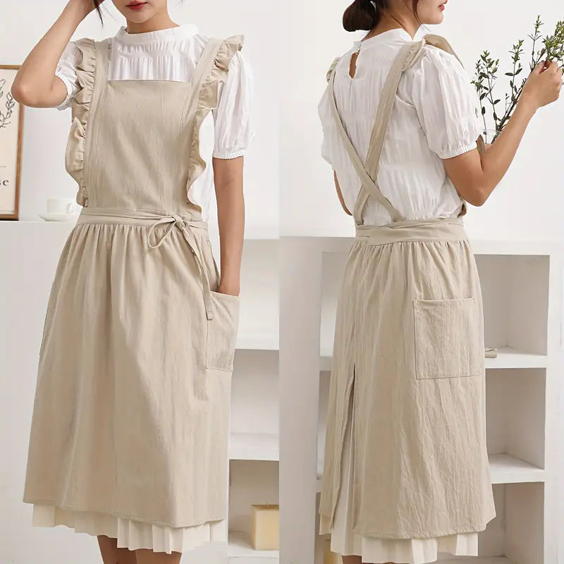 Grembiule da donna elegante con volant, perfetto per cucinare o hobby creativi.