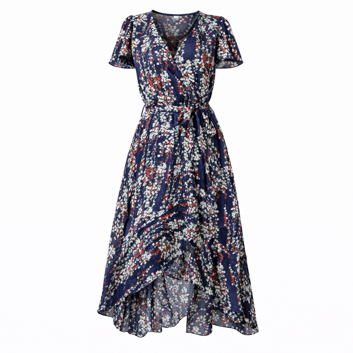 Abito elegante midi floreale donna, look perfetto per appuntamenti o eventi speciali.