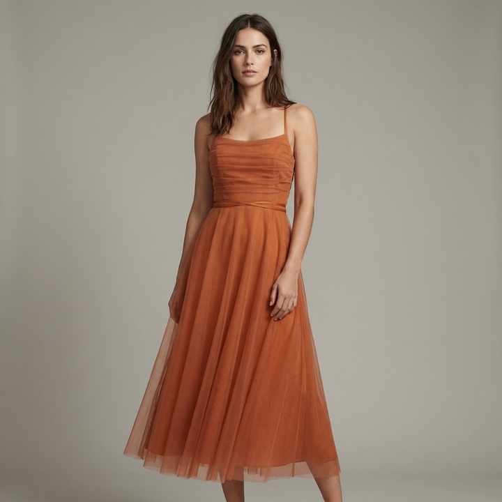 Elegante abito midi donna, perfetto per cerimonie autunnali e invitata matrimonio. Moda donna.