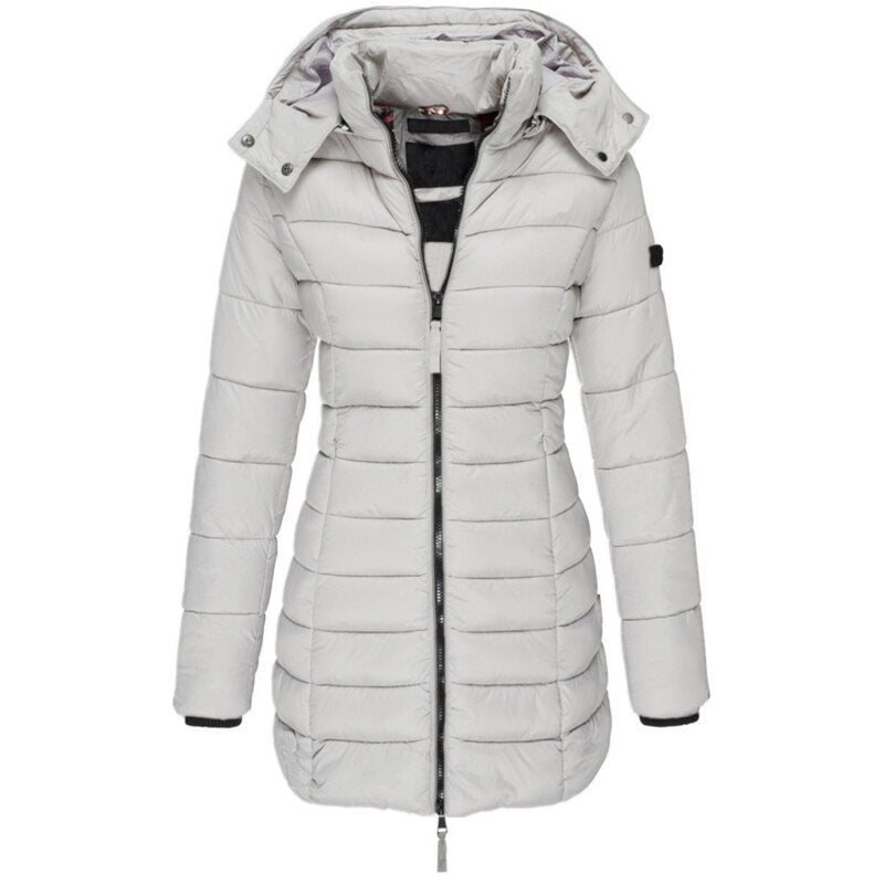 Abbigliamento freddo: giacca donna casual longline, cappotto invernale caldo e antivento con cappuccio.
