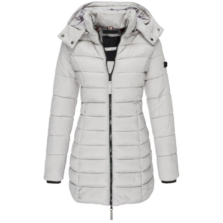 Abbigliamento freddo: giacca donna casual longline, cappotto invernale caldo e antivento con cappuccio.