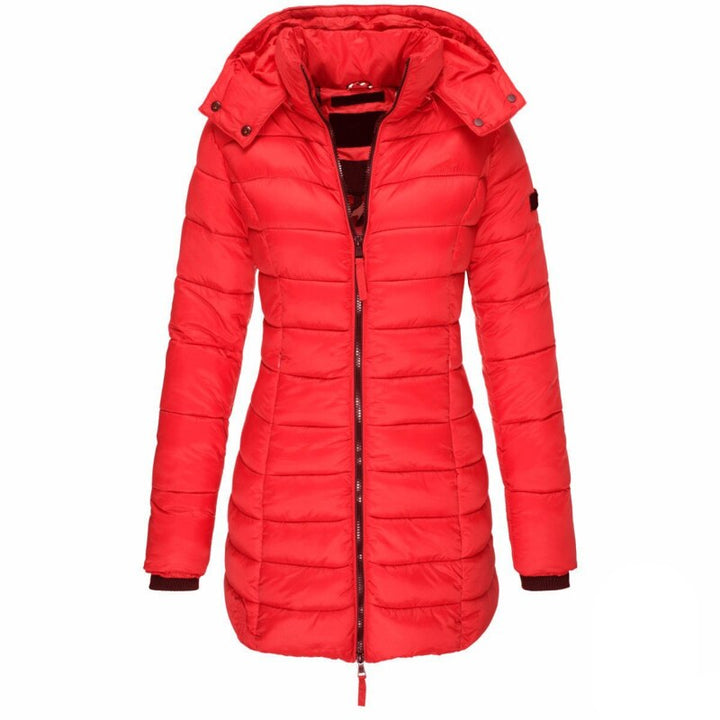 Giacca invernale calda donna con cappuccio antivento, giubbotto puffer per affrontare il freddo con stile.
