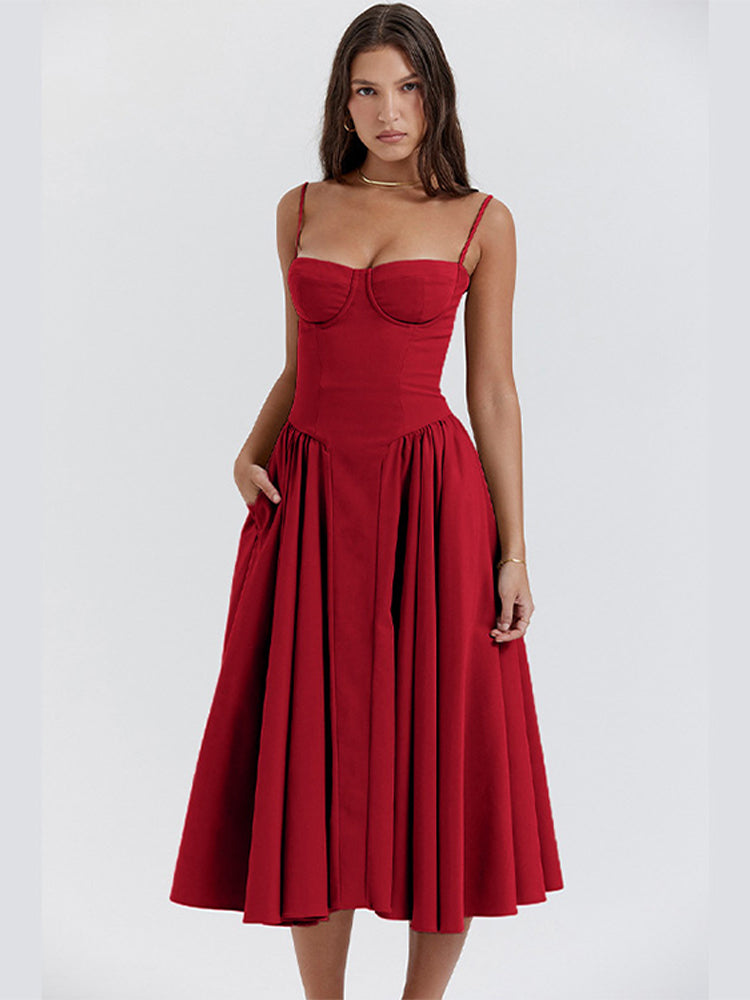 Abito midi donna a corsetto, valorizza la figura, con spalline regolabili per una vestibilità elegante e moderna.