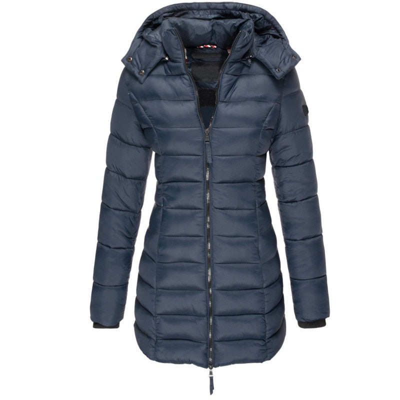 Giacca invernale donna calda e antivento con cappuccio, stile puffer longline per il freddo.