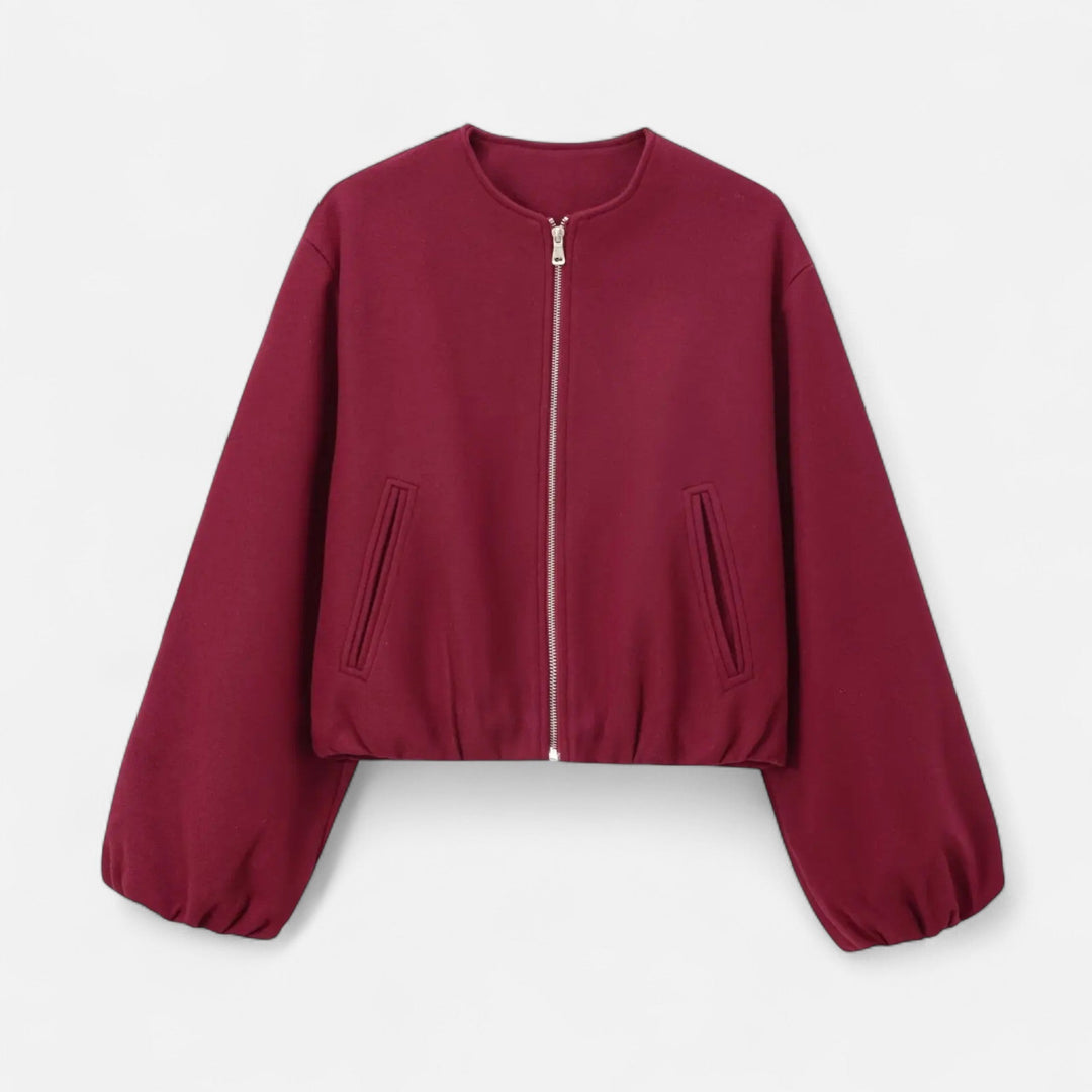 Giacca blouson retrò donna con zip, stile casual chic, perfetta per la primavera.