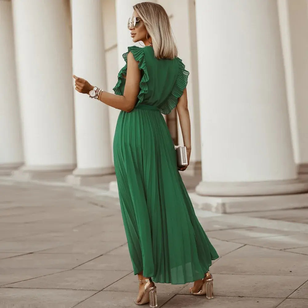 Abito maxi donna per occasioni speciali, scollo a V, senza maniche, con volant raffinati.
