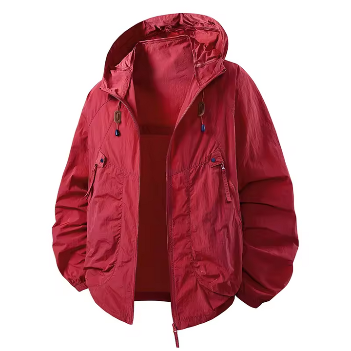 Giacca con cappuccio uomo, per escursioni e passeggiate, leggera e resistente al vento, comoda.