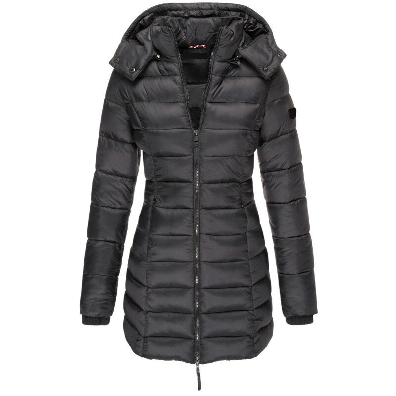 Giacca donna con cappuccio, giubbotto invernale caldo e antivento, essenziale per la moda outerwear.