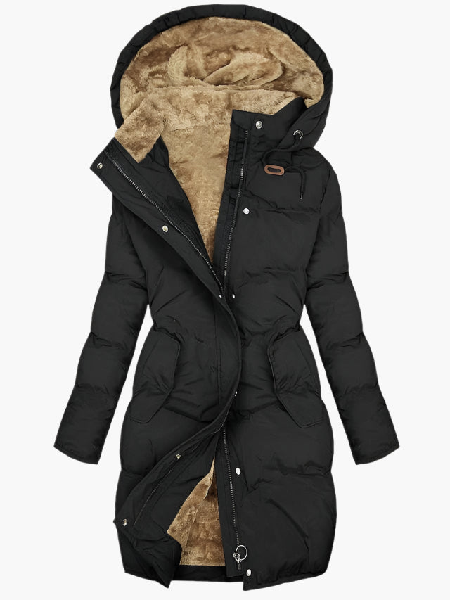Giacca invernale lunga da donna, stile casual, con cappuccio. Calda, leggera e antivento, disponibile in taglie forti.
