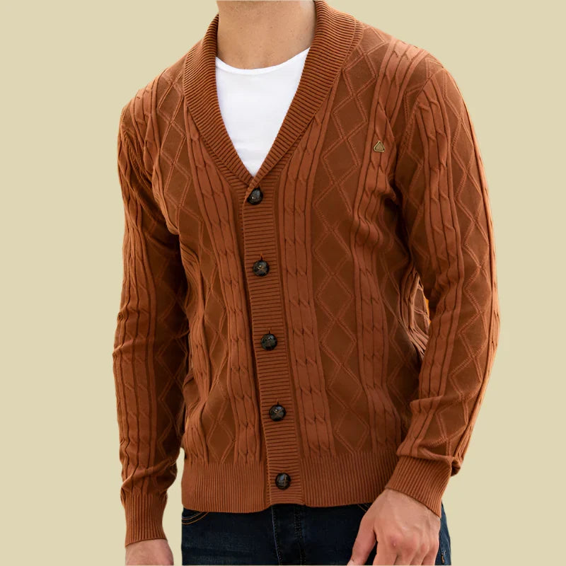 Cardigan uomo elegante con motivo geometrico, perfetto per stile versatile autunno/inverno.