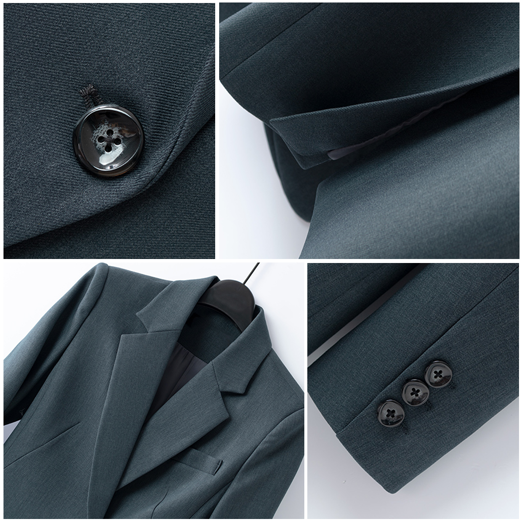 Completo pantalone donna nero, tailleur elegante due pezzi. Outfit coordinato per ufficio o casual chic. Moda donna.