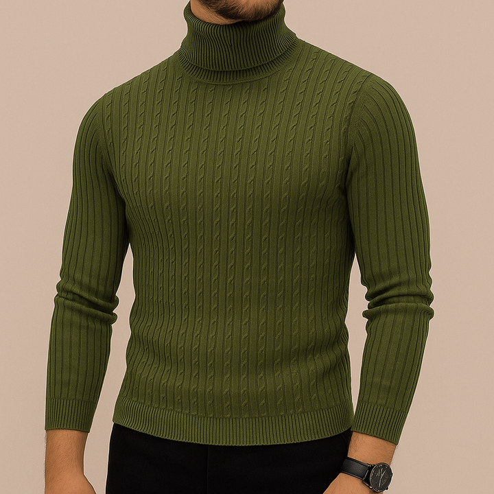 Maglione invernale uomo in caldo tessuto a mezza zip, vestibilità rilassata e collo alto.