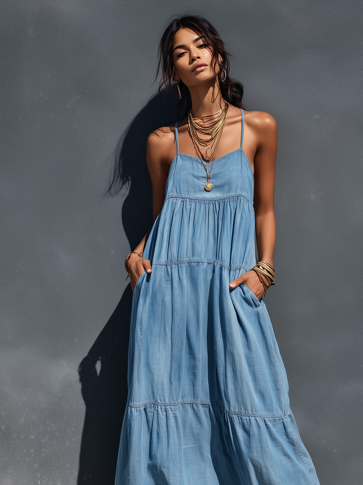 Maxi abito casual in denim leggero da donna, perfetto per l'estate, comodo e di tendenza.