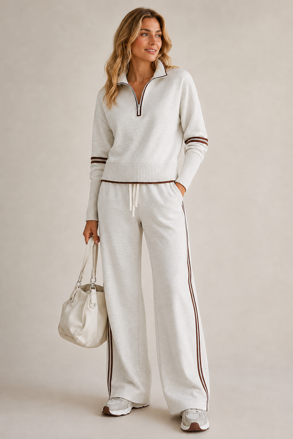 Set completo donna casual: felpa zip e pantaloni comodi, perfetto per relax e outfit quotidiano.