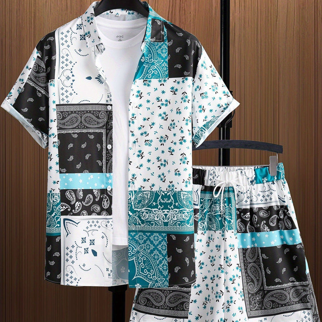 Set due pezzi uomo estivo: camicia hawaiana colorata e pantaloncini comodi per un look relax da spiaggia.