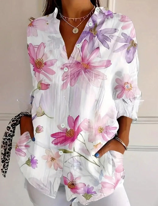 Moderna camicia da donna a manica lunga con vivace stampa 3D. Aggiungi un tocco di design e fantasia al tuo outfit.