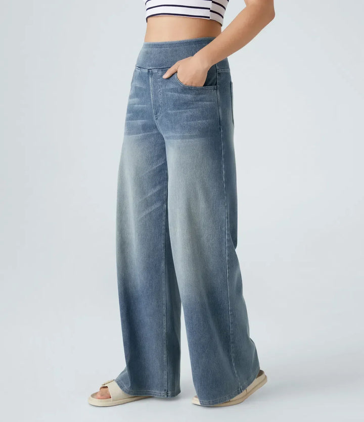 Pantaloni jeans donna vita alta elastici blu chiaro, look casual comodo e alla moda.