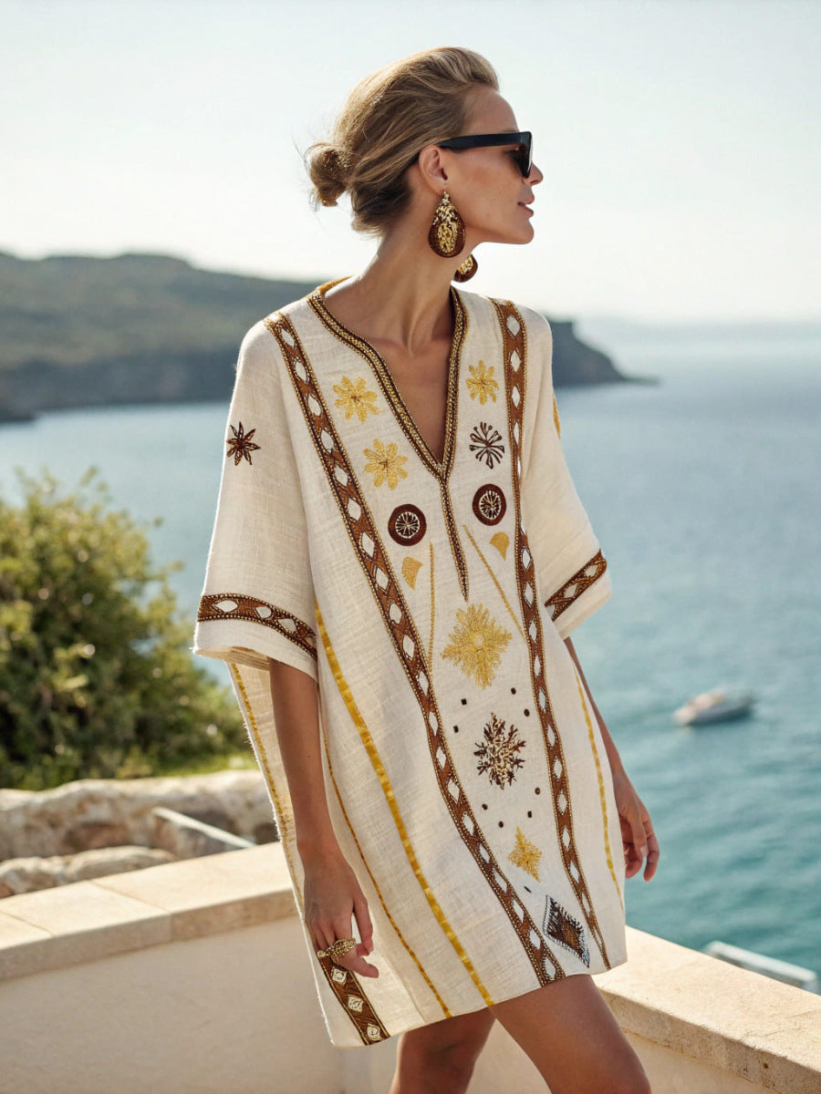 Abito midi stampato da donna, perfetto per vacanze estive casual. Vestito linea A, comodo e trendy per spiaggia o giorno.