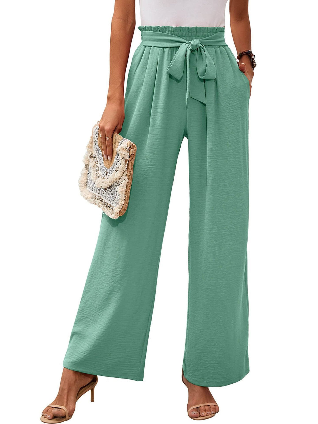 Pantaloni estivi donna a vita alta con nodo e gamba ampia, per un comfort chic.
