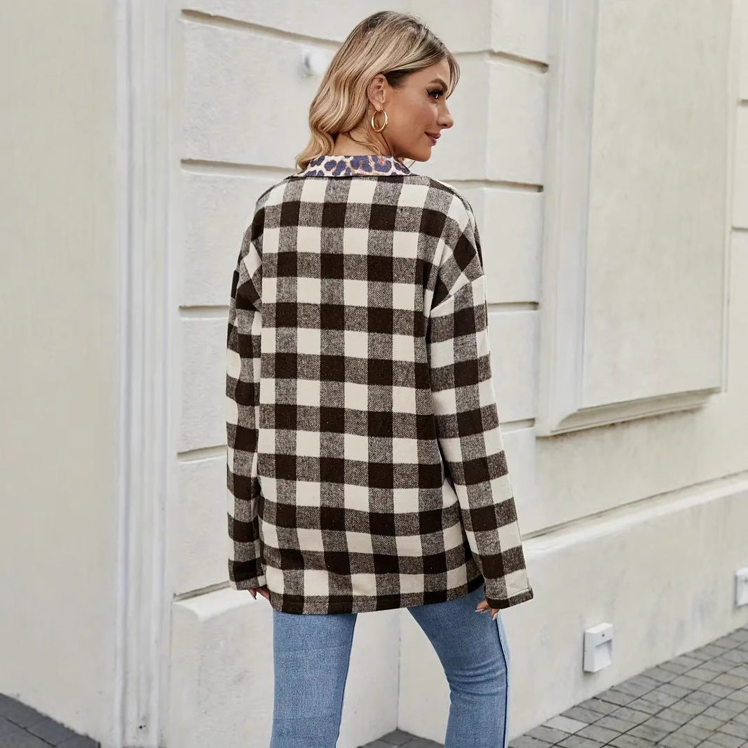Camicia da donna autunnale a manica lunga, stampa quadri e animalier che aggiunge un tocco di stile casual.