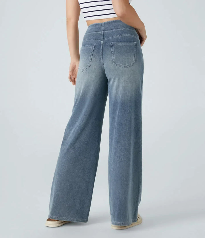 Pantaloni donna vita alta elasticizzati blu chiaro, un must-have per la moda casual.