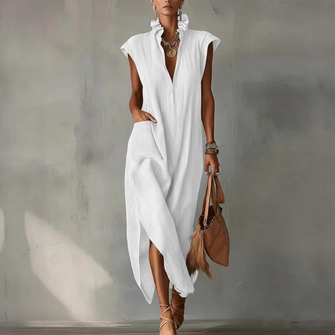 Abito camicia donna midi senza maniche, stile casual estivo per comfort e versatilità. Perfetto per viaggio.