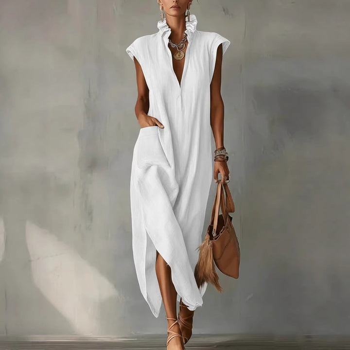 Abito camicia donna midi senza maniche, stile casual estivo per comfort e versatilità. Perfetto per viaggio.