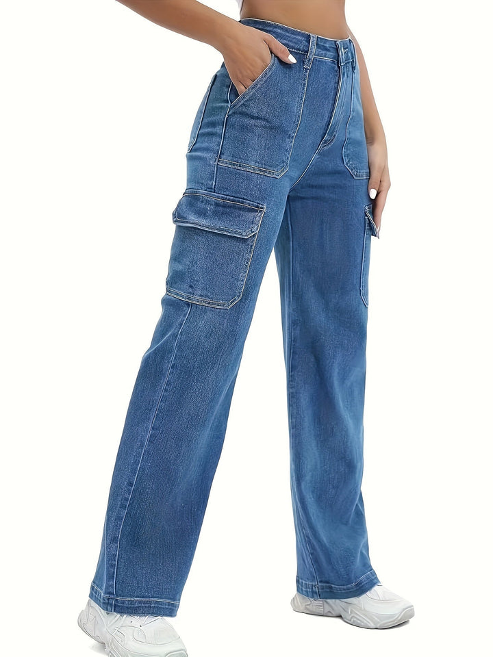 Pantaloni cargo donna in denim, vita alta, gamba larga. Stile casual moderno per primavera estate.
