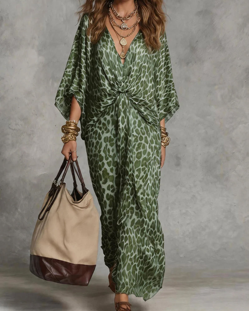 Vestito lungo donna animalier leopardato, modello kimono boho elegante con nodo frontale.