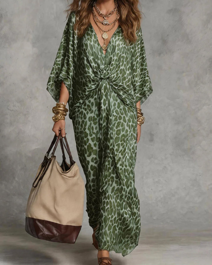 Vestito lungo donna animalier leopardato, modello kimono boho elegante con nodo frontale.