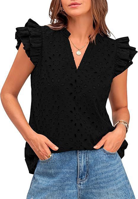 Top donna casual con delicato ricamo Sangallo, scollo a V e volant; ideale per look versatili.