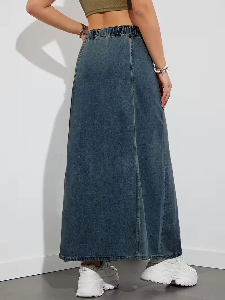 Gonna maxi denim da donna, comoda vita elasticizzata, perfetta per il tempo libero e outfit casual.