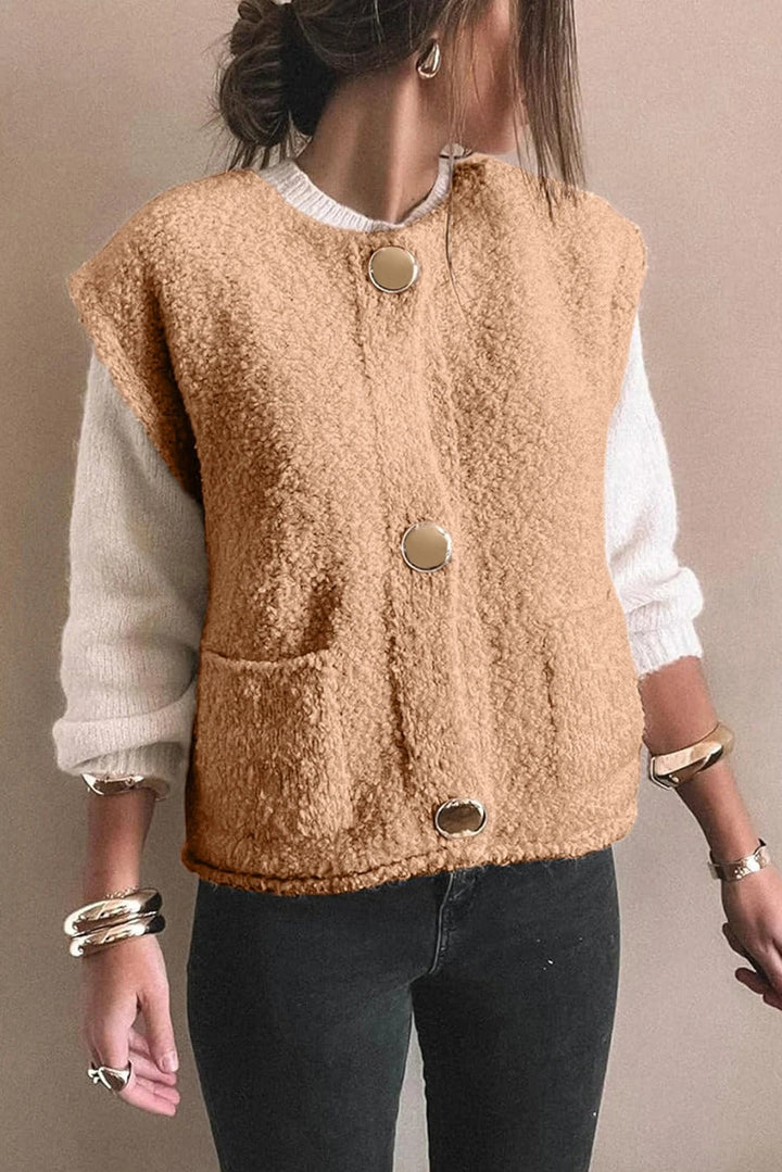Gilet teddy donna beige, un capo casual chic senza maniche per la moda autunno/inverno. Massima comodità.