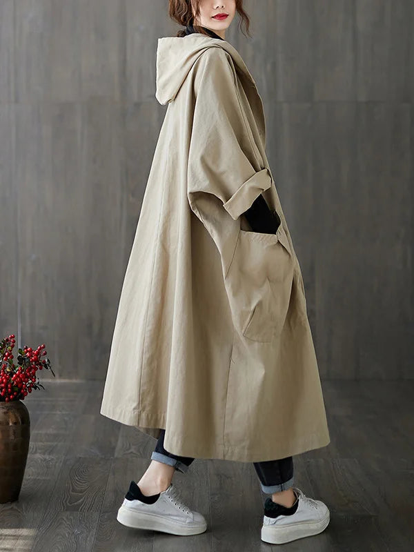 Cappotto lungo impermeabile oversize donna con cappuccio, ideale per autunno e primavera.